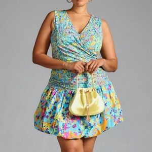 Anthropologie Plenty Tracy Reese V-Neck Bubble Dress Blue Motif Size XL